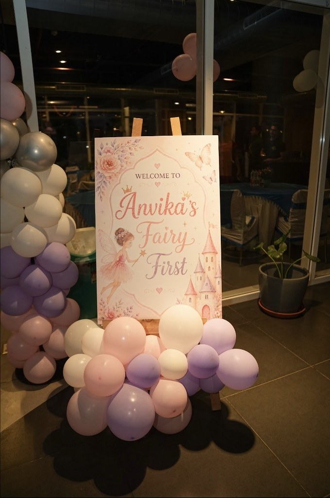 Welcome to Anvika's Fairy First easel with pastel balloon clusters